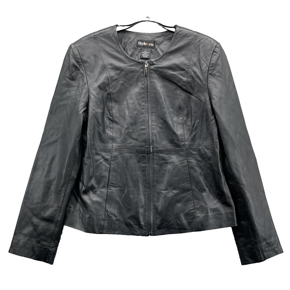 Style & Co. 100% Leather Moto Jacket Women's Large Black Y2k 70s Chic Office 90s